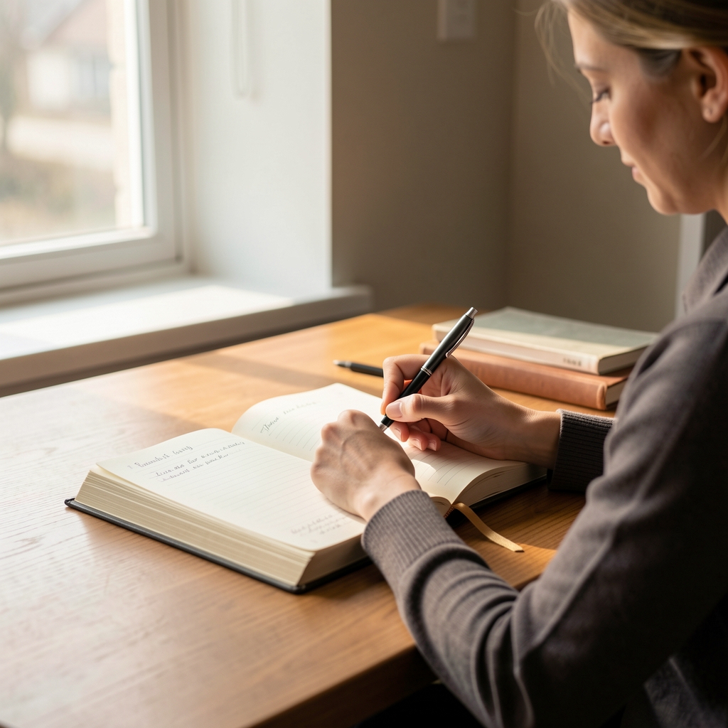 Person writing in a structured daily planner at a tidy desk, morning light casting soft shadows