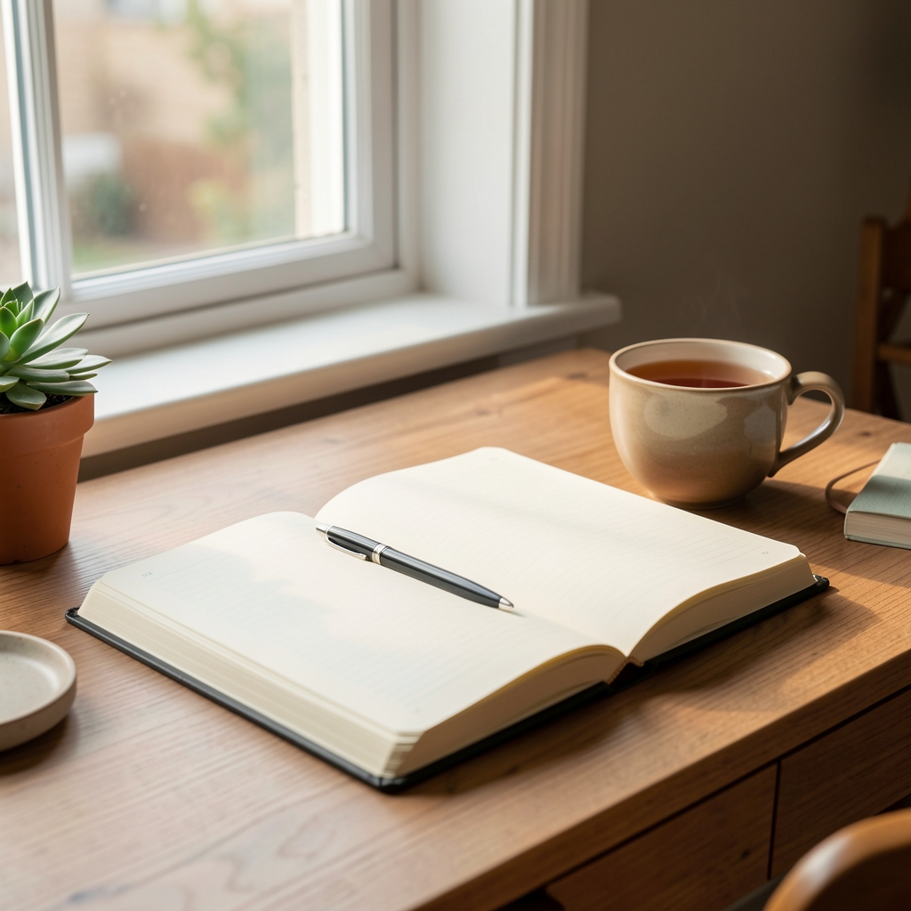 Quiet morning desk setup with open journal, warm tea, and soft window light — symbolising intentional daily routine