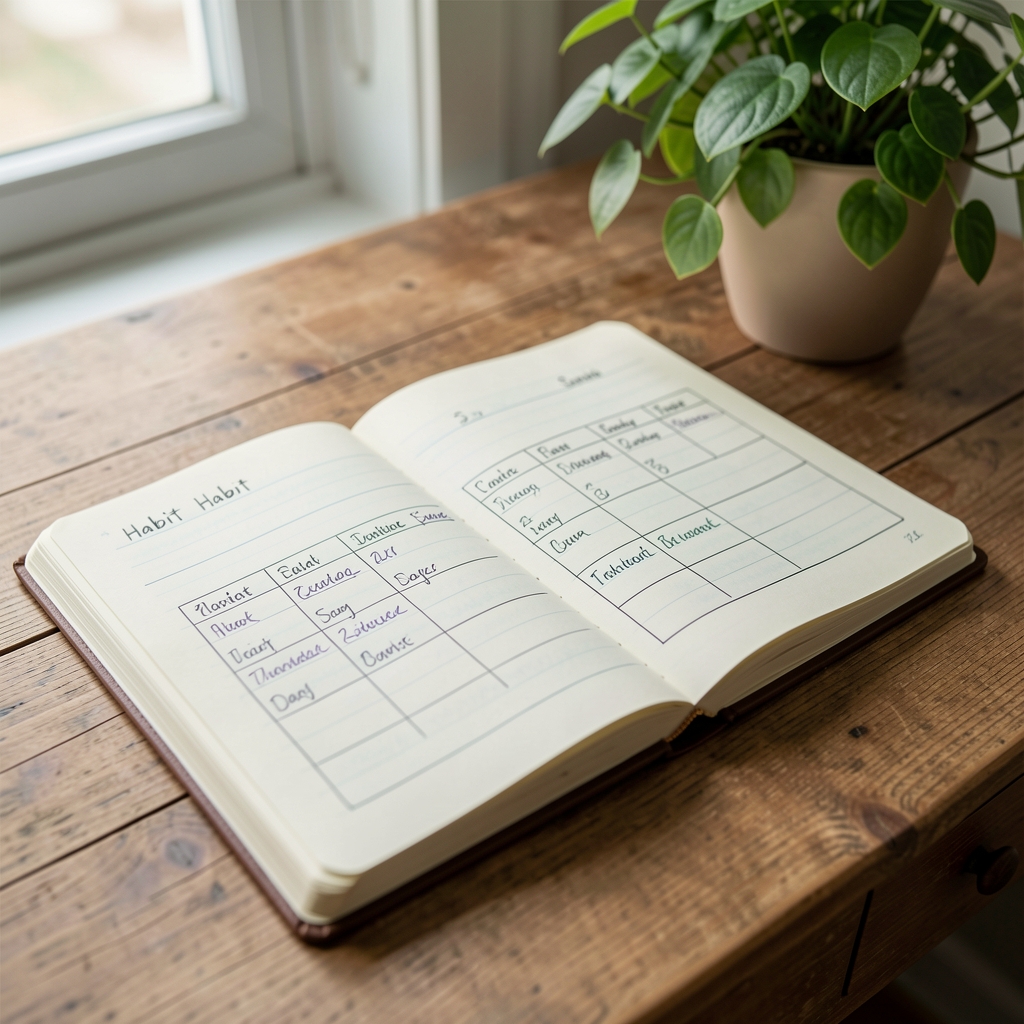 Open notebook with handwritten habit tracking grid on a wooden desk, green plant visible in background