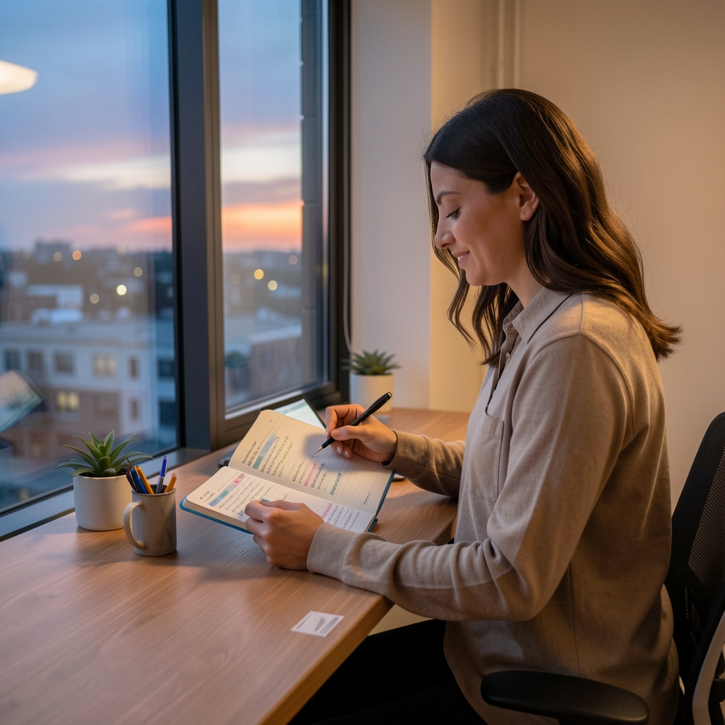 Person at a standing desk by large window at dusk, reviewing notes in a habit tracking journal
