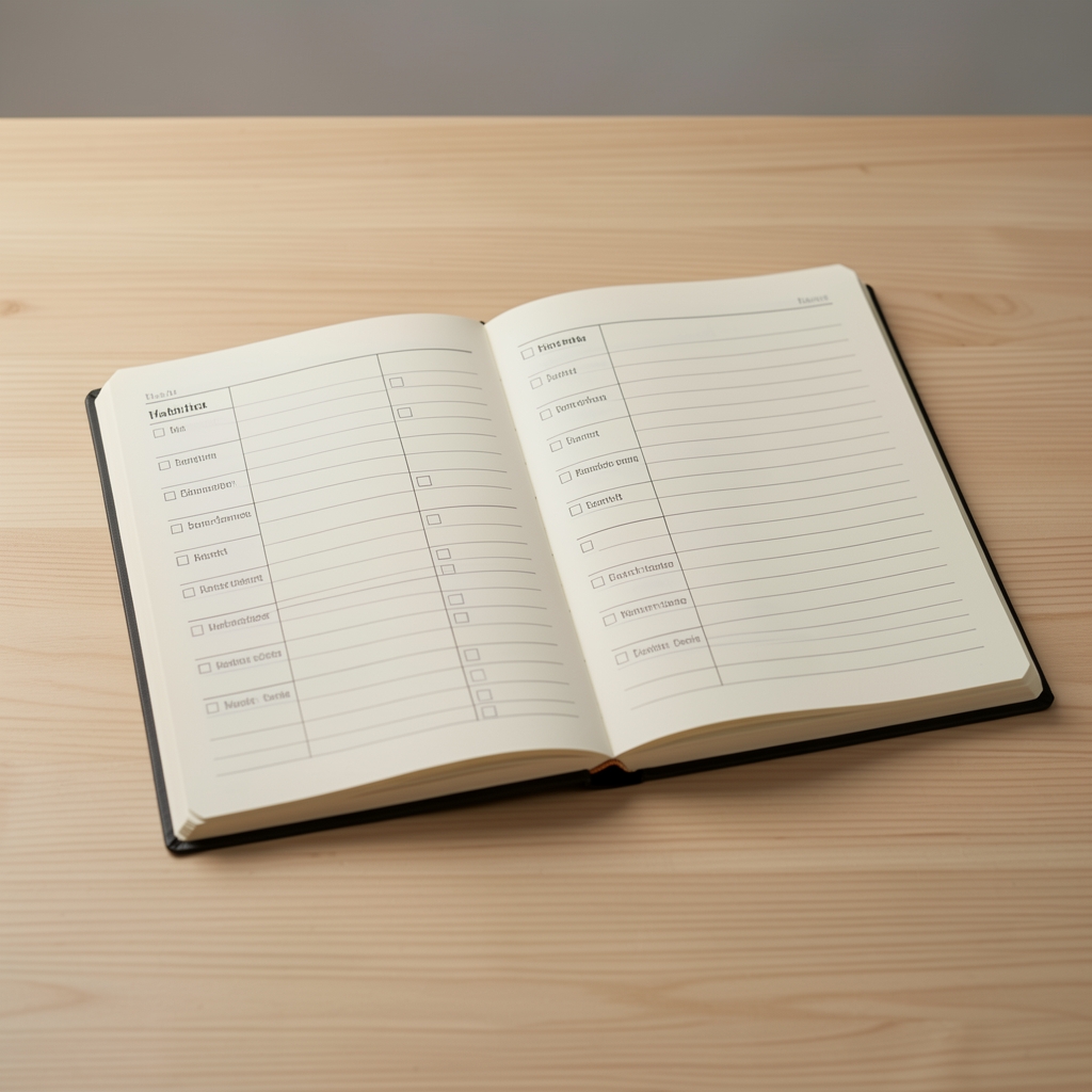 Open notebook with structured habit tracking log on a clean wooden desk under controlled studio lighting