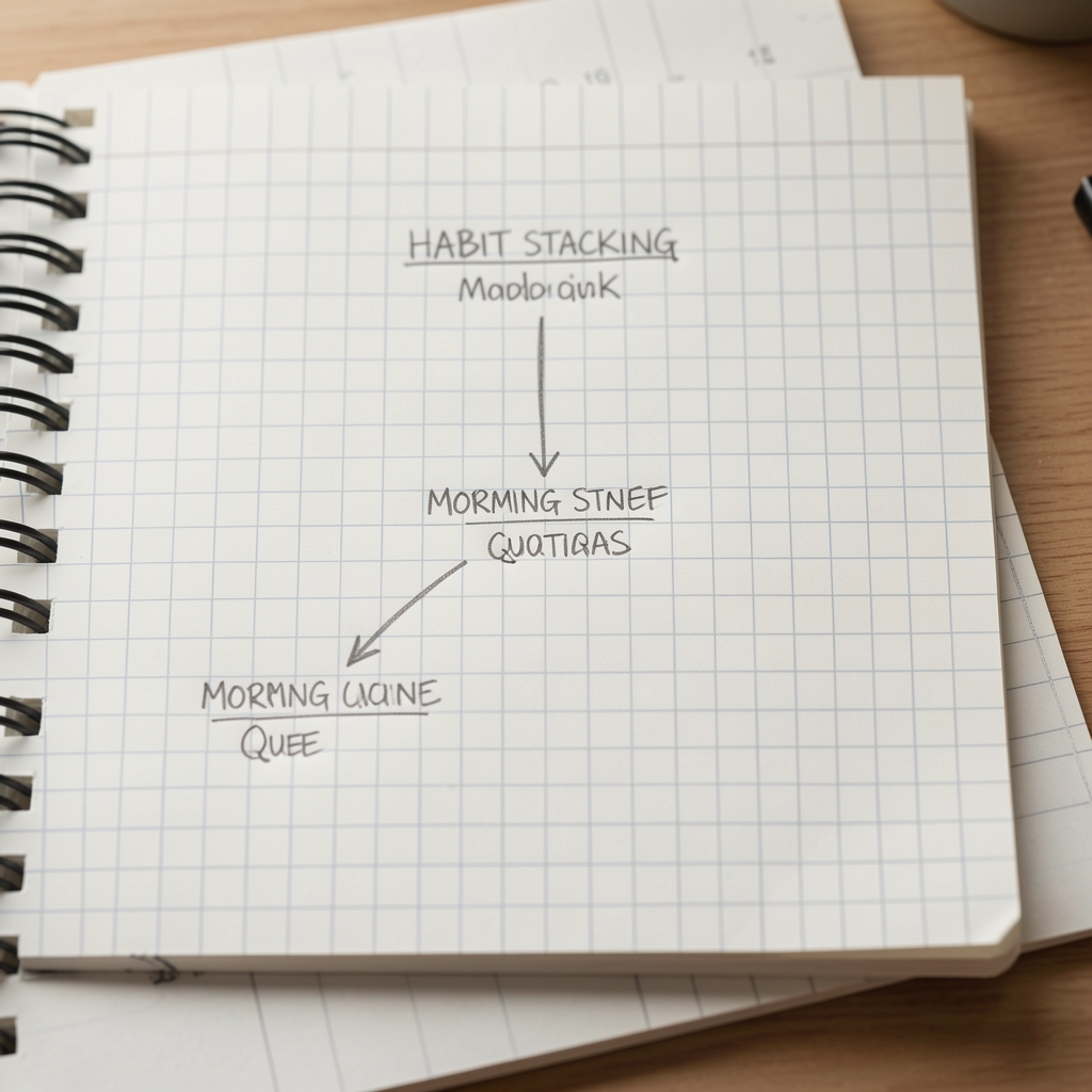Habit stacking diagram drawn in pencil on grid paper, showing three sequential routines anchored to a single morning cue