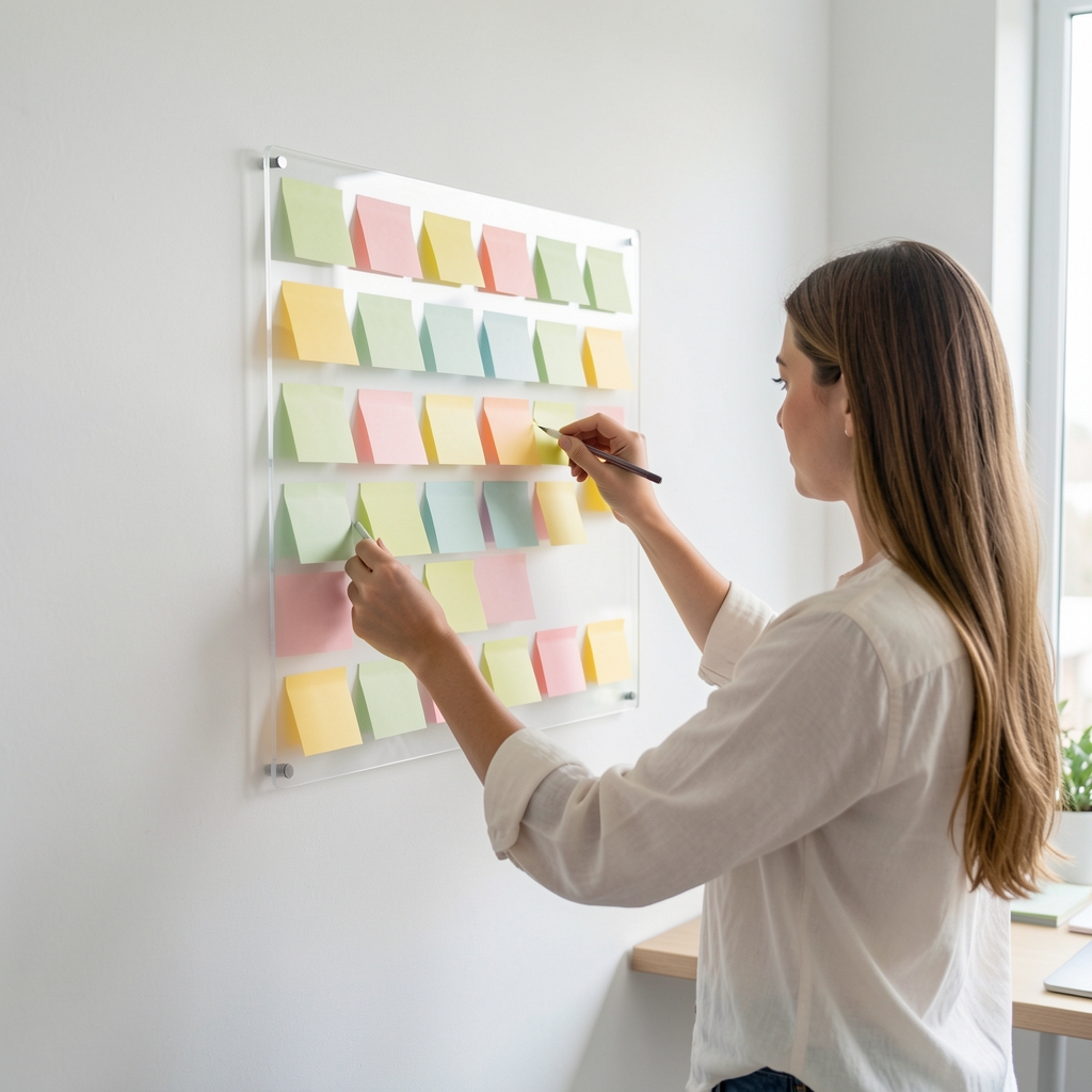 Person arranging sticky notes on a clear wall-mounted habit planning board in a bright minimalist workspace
