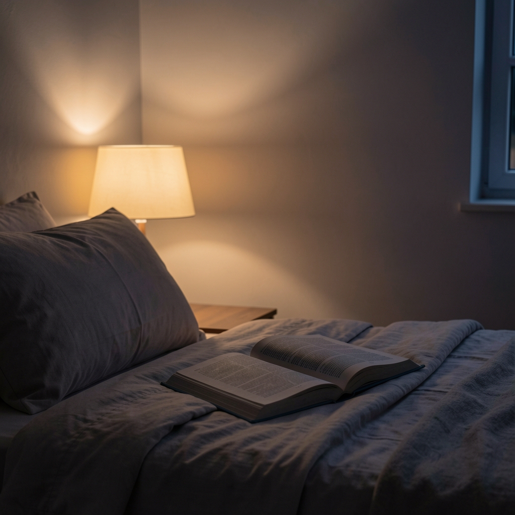 Dark evening bedroom setup with warm lamp, book and no screen — representing an intentional evening wind-down sequence