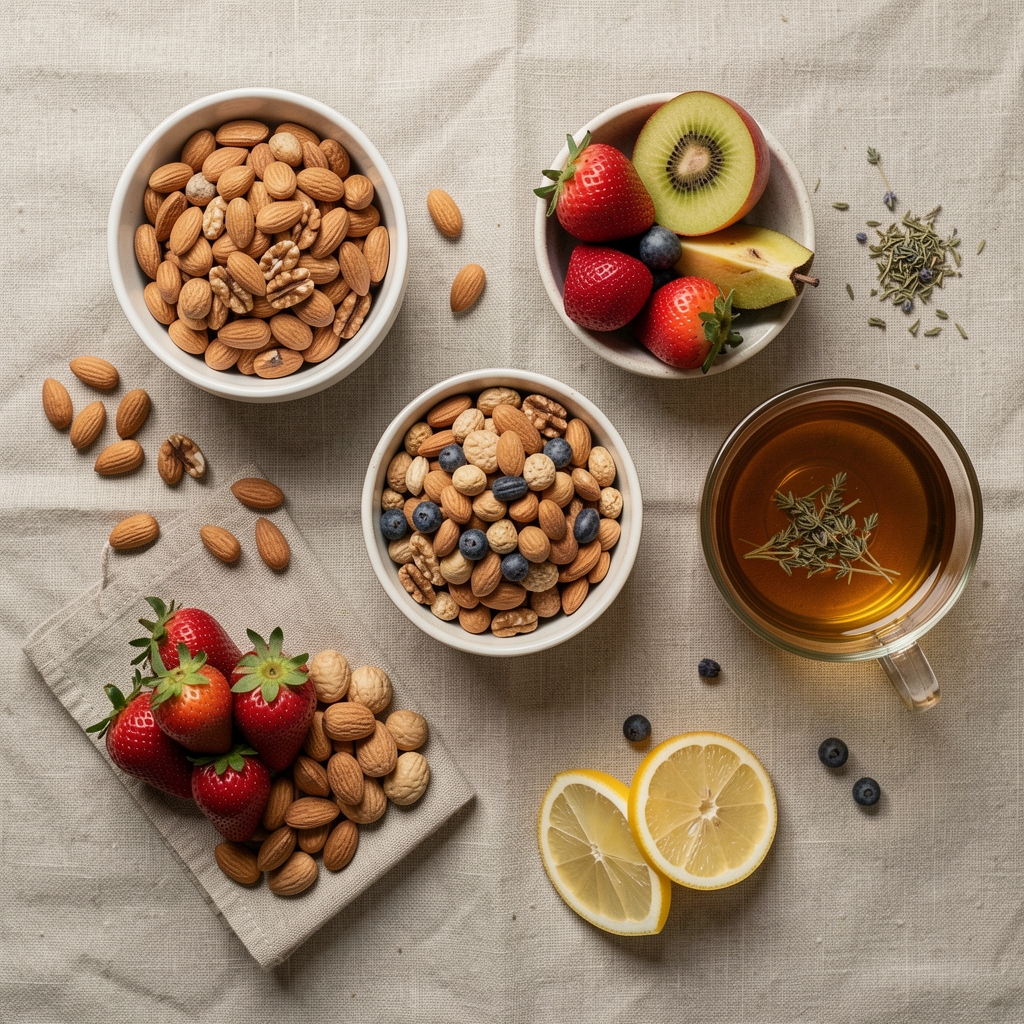 Overhead flat-lay of healthy food alternatives including nuts, fruit and herbal tea arranged neatly on a linen surface