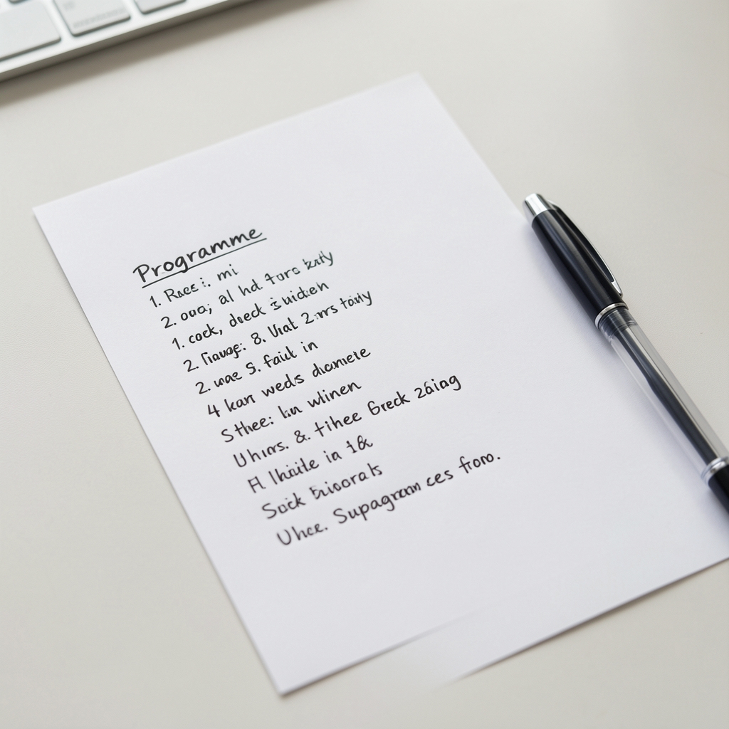 Close-up of handwritten programme schedule on a white page with a pen resting beside it on a clean desk